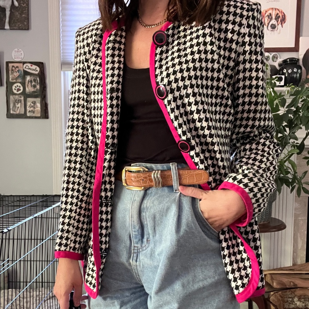 Vintage Houndstooth Pink Piping Trim Blazer
